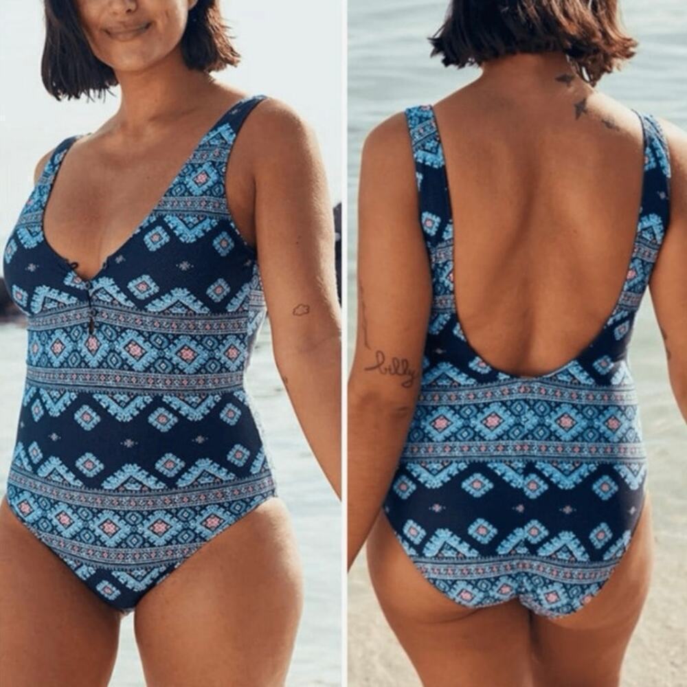 Aerie Pique Henley One Piece Swimsuit Blue Boho Print Size M EUC